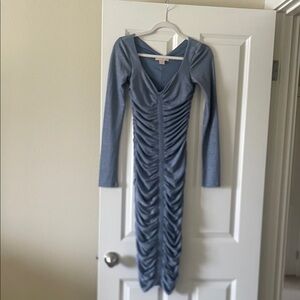 Rachel Parcell Slate Blue Ruched Long Sleeve Midi Dress